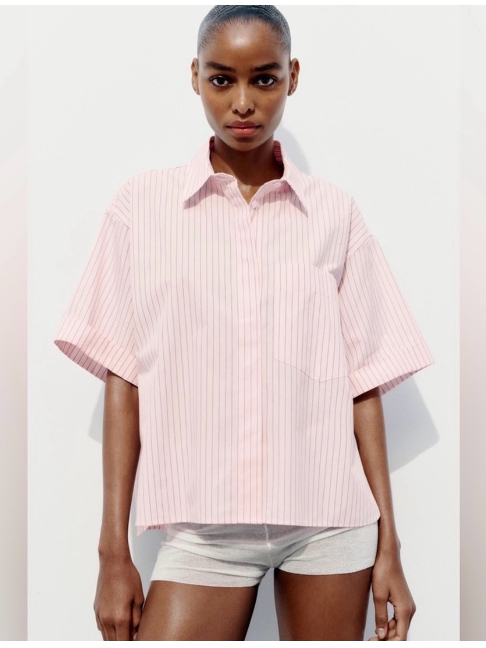 Zara Pink Pinstripe Short Sleeve Button-Up Blouse